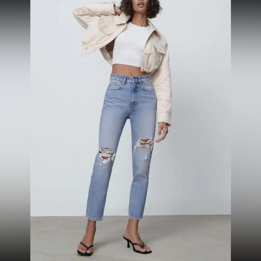 Zara High Rise Distressed Mom Jeans
